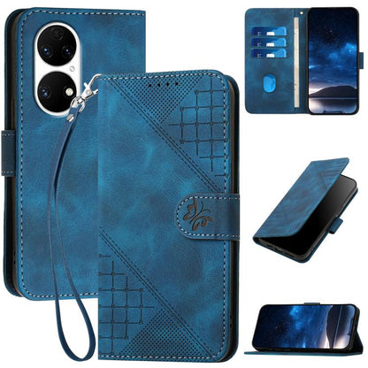 Leather phone case with embossed grid butterfly design and lanyard strap, dark blue.