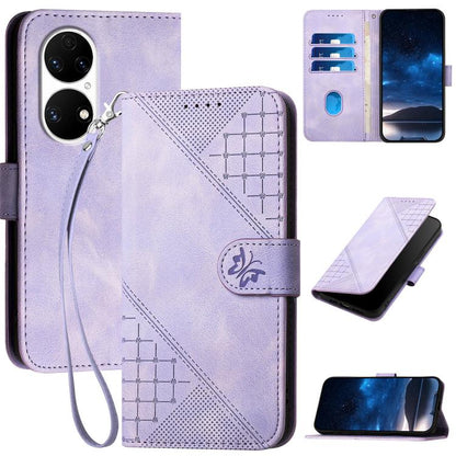 Leather phone case with embossed grid butterfly design and lanyard strap, light purple.