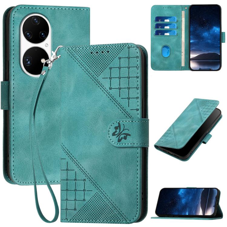 Light blue embossed leather phone case with grid butterfly pattern and wrist lanyard