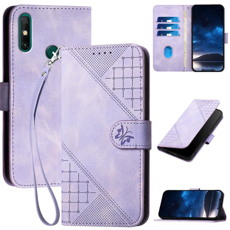 Light purple embossed leather phone case with grid butterfly pattern and wrist lanyard