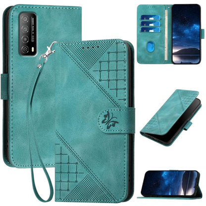 Turquoise leather phone case with embossed grid butterfly pattern and wrist lanyard