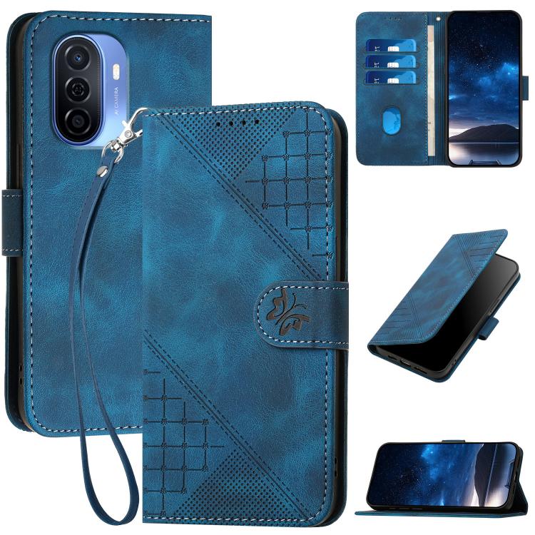Blue leather phone case with embossed grid butterfly pattern and wrist lanyard, flip cover