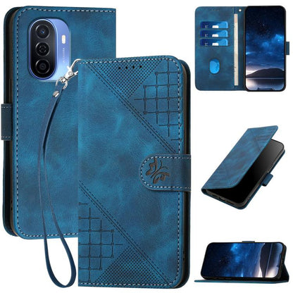 Blue leather phone case with embossed grid butterfly pattern and wrist lanyard, flip cover