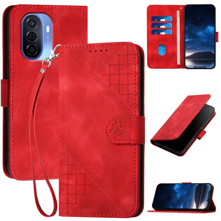 Red leather phone case with embossed grid butterfly pattern and wrist lanyard, flip cover