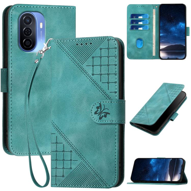 Turquoise leather phone case with embossed grid butterfly pattern and wrist lanyard, card pocket