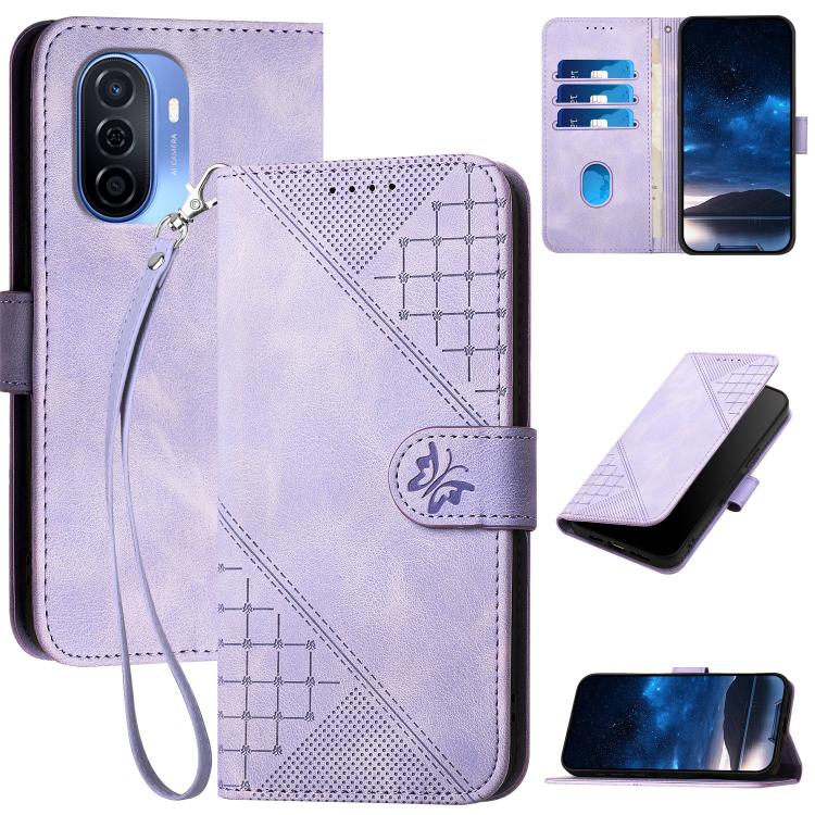Light purple leather phone case with embossed grid butterfly pattern and wrist lanyard, card pocket