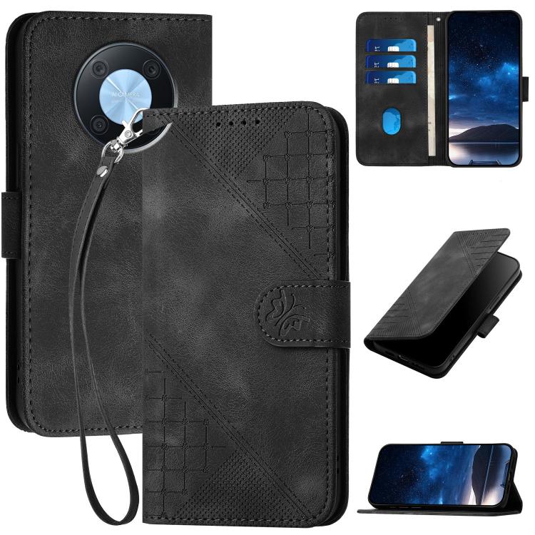 Black leather phone case with embossed grid butterfly pattern and wrist lanyard