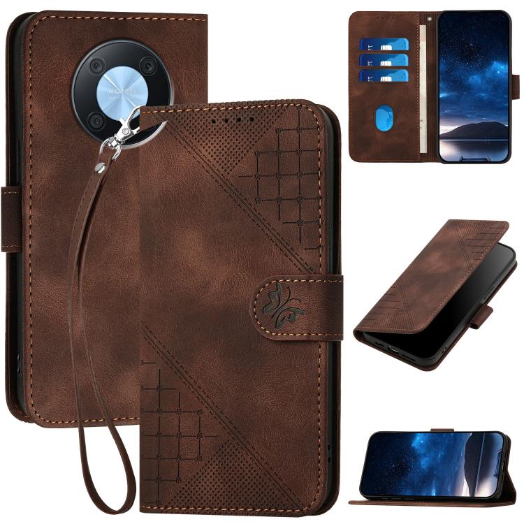 Coffee brown leather phone case with embossed grid butterfly pattern and wrist lanyard