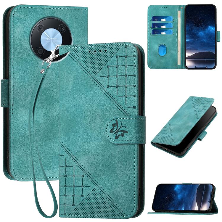 Turquoise leather phone case with embossed grid butterfly pattern and wrist lanyard, flip cover