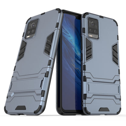 Shockproof phone case with rugged armor design, dual-layer look, camera cutouts, dark gray-blue.