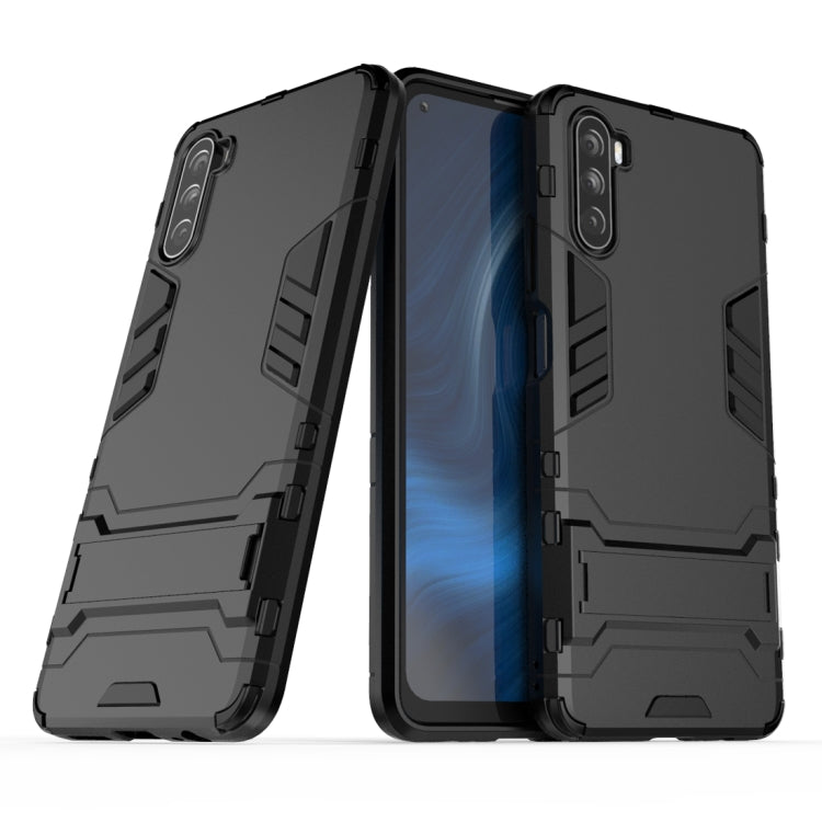 Shockproof phone case with rugged armor design, dual-layer look, camera cutouts, dark gray.