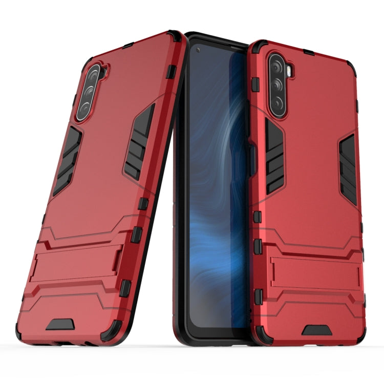 Shockproof phone case with rugged armor design, dual-layer look, camera cutouts, red with black accents.