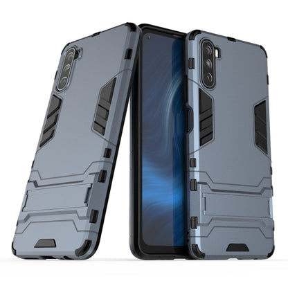 Shockproof phone case with rugged armor design, dual-layer look, camera cutouts, light gray-blue.