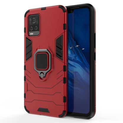 Red protective phone case with ring holder, shockproof frame and camera cutouts