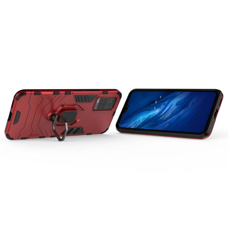 Red rugged phone case with ring stand on back, front screen cover shown