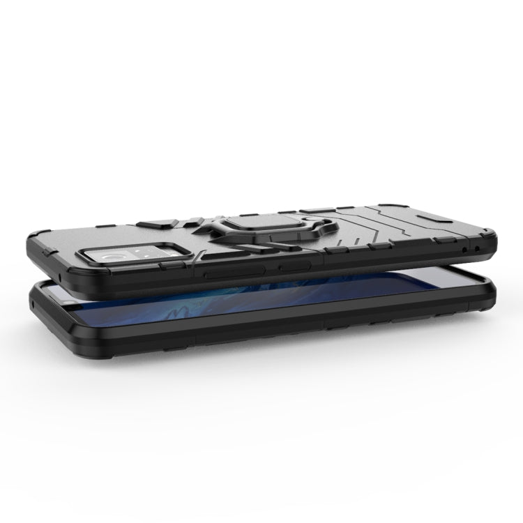 Gray rugged phone case with ring holder, raised bumper and textured grip