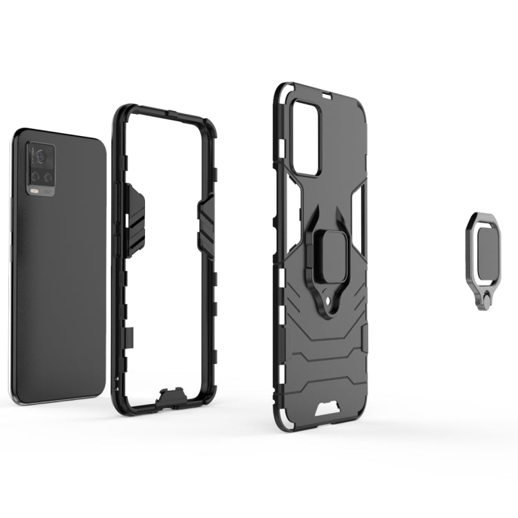 Black protective phone case with ring holder, open side access and camera cutouts