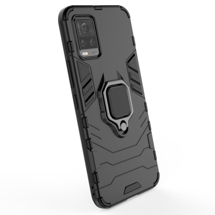 Black rugged phone case with ring holder on back for easy grip