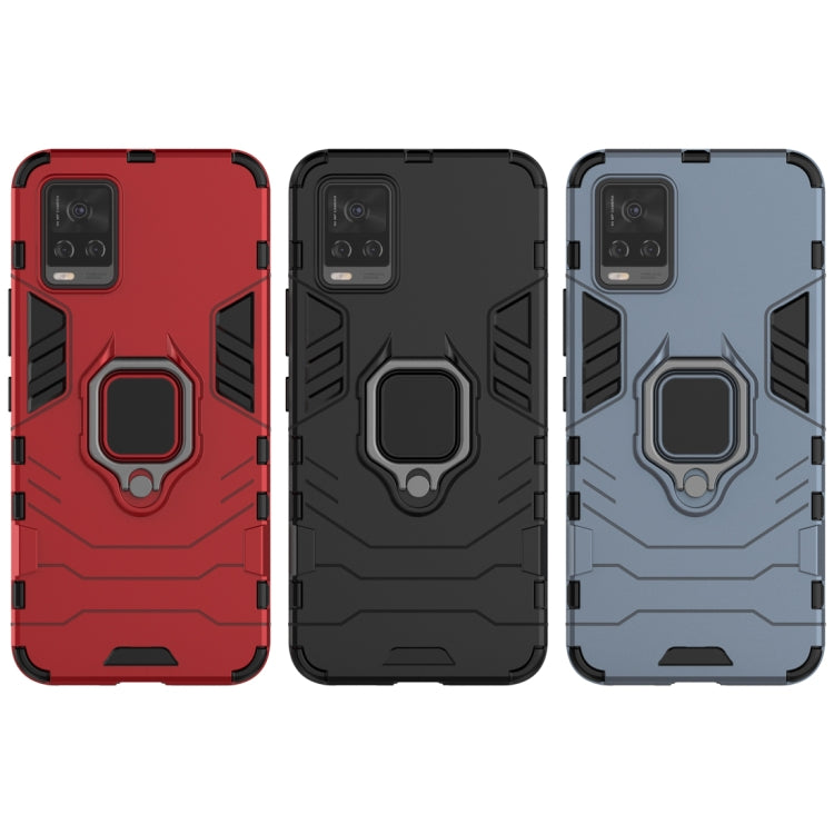 Rugged phone cases in red, black, and light blue with ring holders