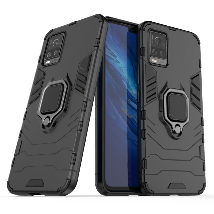 Black rugged anti-fall phone case with ring holder and dual-layer protection