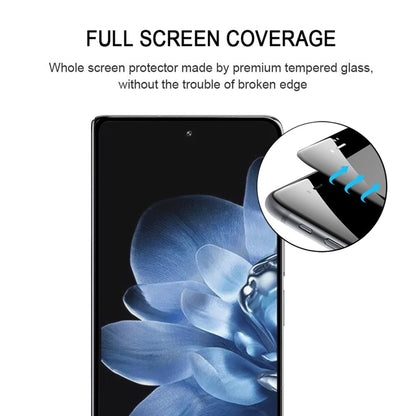 Tempered glass screen protector applied to foldable phone display, clear coverage