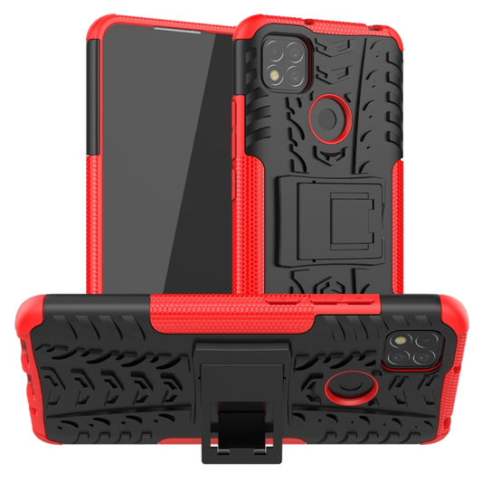 Rugged red-and-black phone case with tire tread texture, circular ring holder, and stand