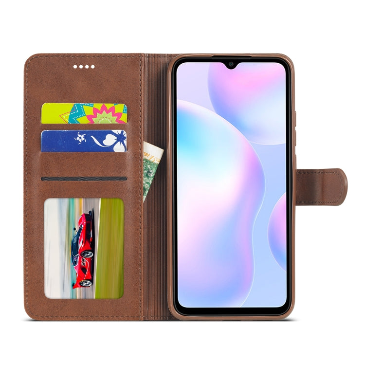 Brown leather flip wallet case with card slots and front opening for phone screen