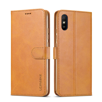 Tan leather flip phone case with card holder and wallet, cover open and closed views