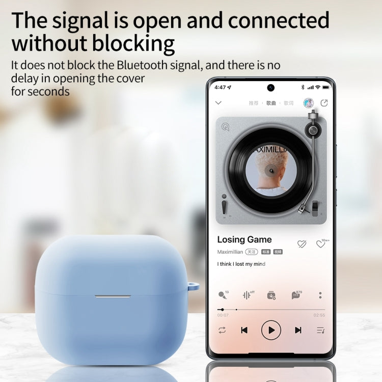 Light blue silicone earphone protective case with carabiner clip for wireless earbuds