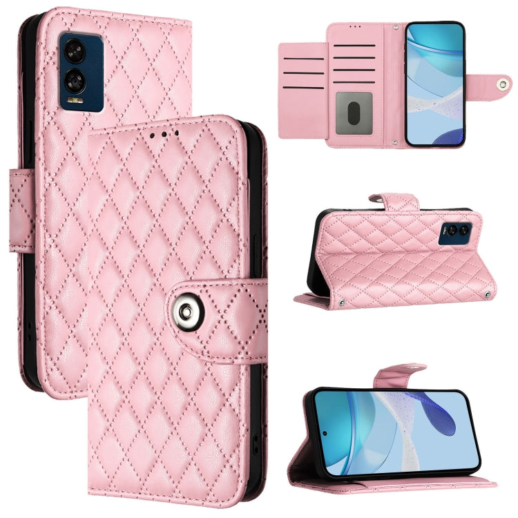Soft pink rhombic flip leather phone case with lanyard, card slots and magnetic closure.