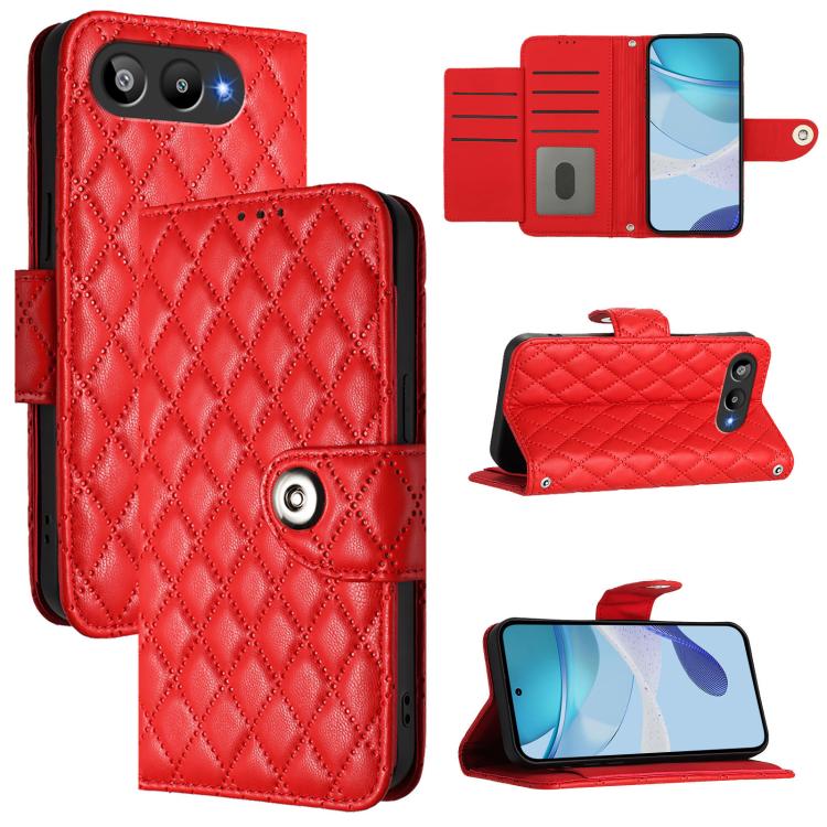 Red quilted rhombus flip leather phone case with lanyard and card slots