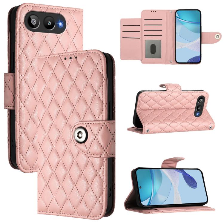 Pink rhombic quilted flip leather phone case with lanyard, magnetic snap, stand