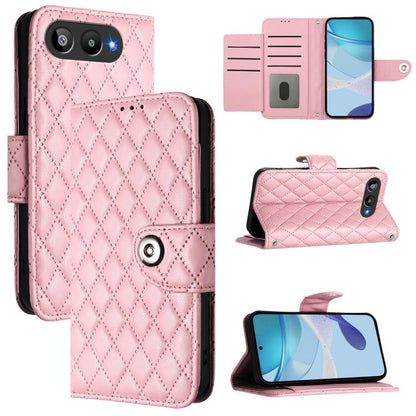 Pink folio-style phone case with lanyard; rhombic quilt texture, camera cutout