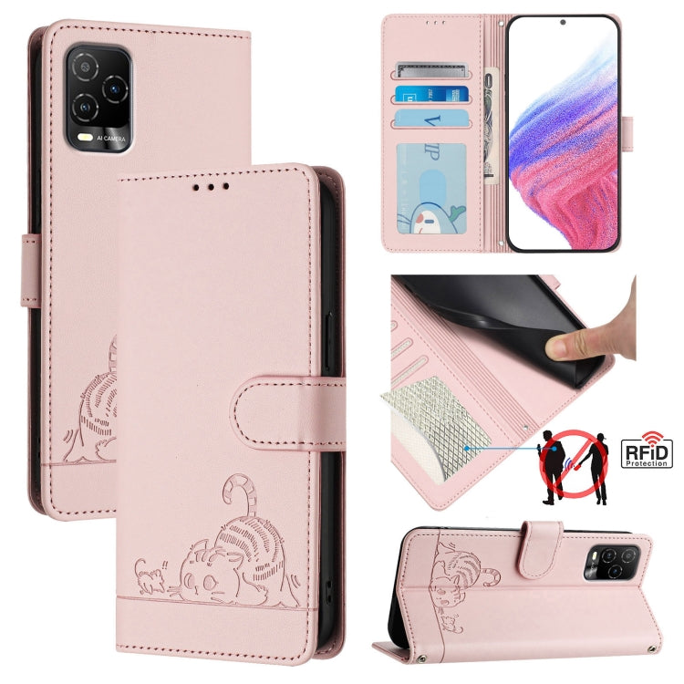 Pink embossed RFID leather phone case with lanyard, cat and rat pattern, front cover closed