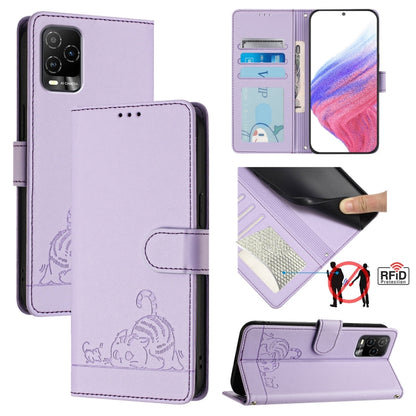 Purple embossed RFID leather phone case with lanyard, cat and rat pattern, front cover closed