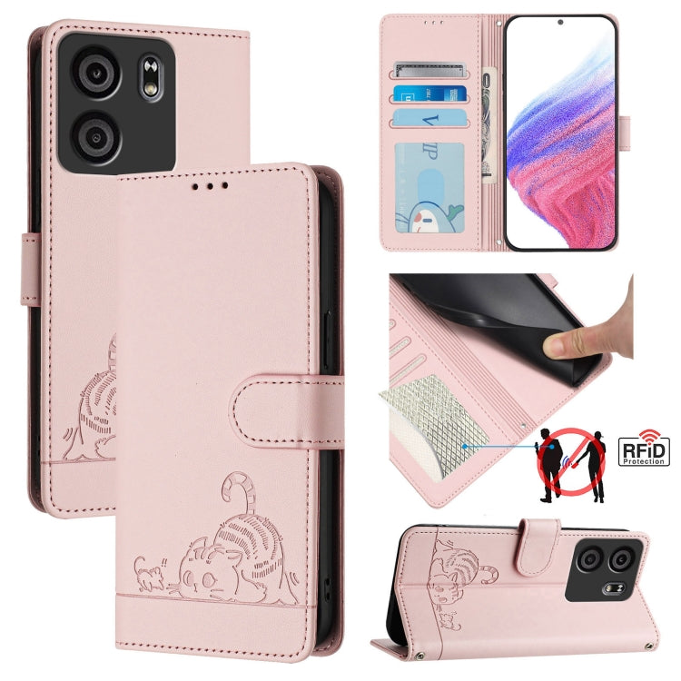 Pink RFID leather phone case with lanyard, embossed cat and rat design, front flip open