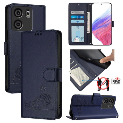 Navy RFID leather phone wallet case with embossed cat-rat design and flap closure