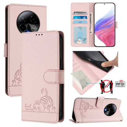 RFID leather wallet phone case with cat-and-rat embossing and lanyard, blush pink