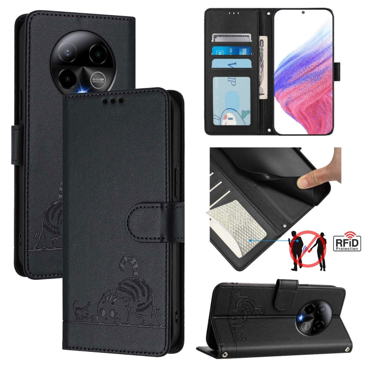 RFID leather folio phone case with cat-rat emboss, black, includes lanyard strap