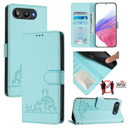 Mint embossed leather phone case with cat-rat design, RFID card holder, foldover stand