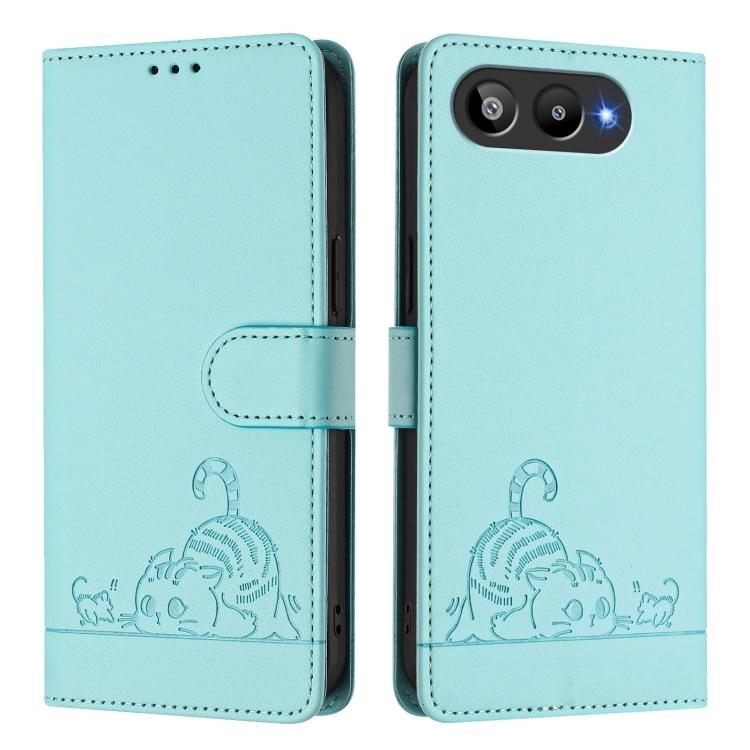 Mint leather wallet phone case with cat-rat embossed design and side camera cutout