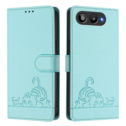 Mint leather wallet phone case with cat-rat embossed design and side camera cutout