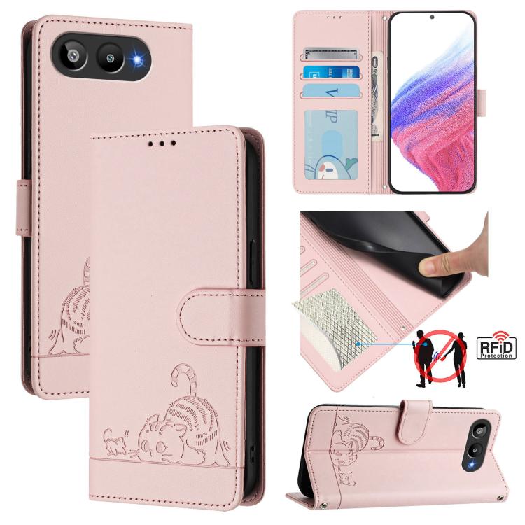 Pink embossed leather phone wallet case with cat-rat design and RFID card holder