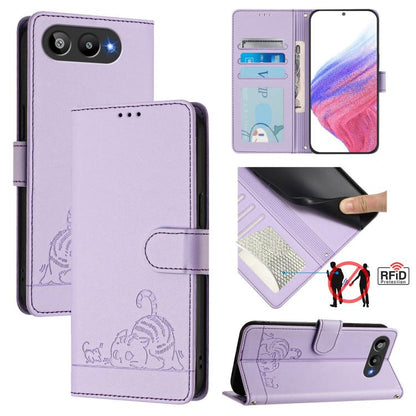 RFID leather wallet phone case with cat-and-rat embossing and lanyard, lavender purple