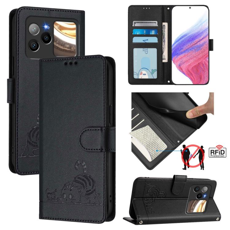 RFID leather wallet phone case with cat-and-rat embossing and lanyard, black