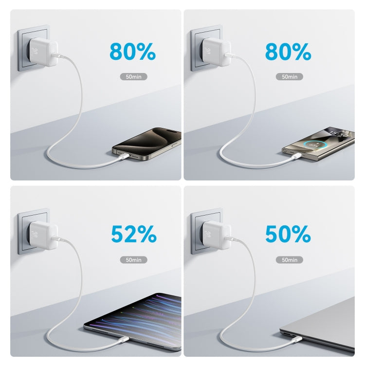 USB-C fast charger with cable to phone at wall outlet in four-step test