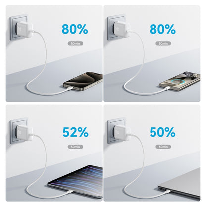 USB-C fast charger with cable to phone at wall outlet in four-step test
