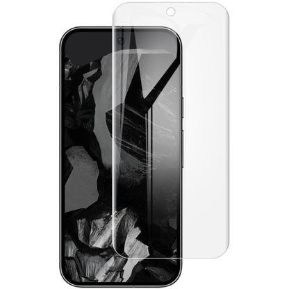 Clear hydrogel screen protector film covering smartphone front in dark style