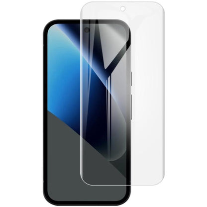 Clear hydrogel screen protector film covering a smartphone front screen