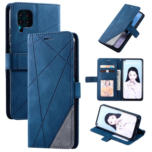 Blue horizontal flip leather phone wallet case with card and photo slots, stand feature.